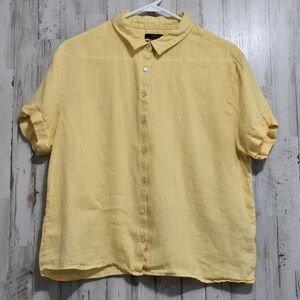 Tahari Yellow Linen Button Down Short Sleeve Blouse Size Medium